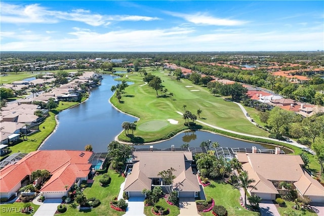 birds eye view of property featuring a residential view, golf course view, and a water view