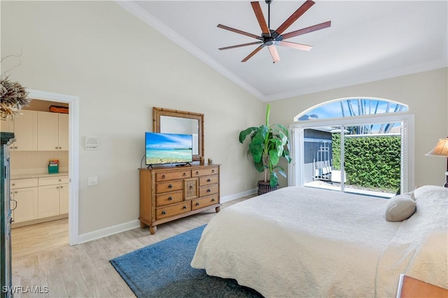 bedroom with baseboards, light wood-style floors, lofted ceiling, access to outside, and ornamental molding