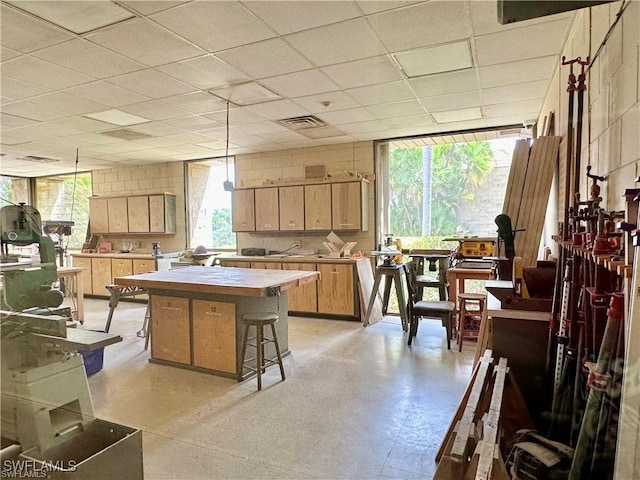 6102 Augusta Dr Unit 209, Fort Myers, FL 33907 - kitchen featuring visible vents, a paneled ceiling, pendant lighting, and light brown cabinets