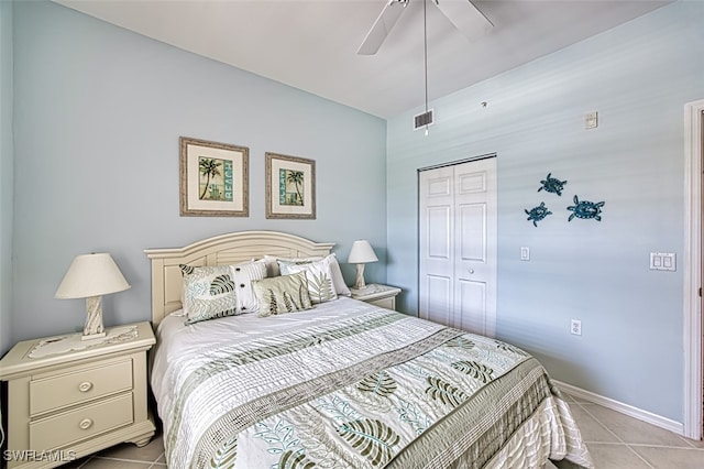 tiled bedroom featuring visible vents, baseboards, a closet, and ceiling fan