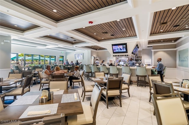 dining space featuring visible vents, beamed ceiling, wood ceiling, ornamental molding, and coffered ceiling