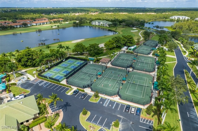 bird's eye view with golf course view and a water view