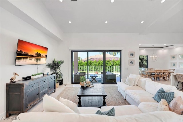 living room featuring an inviting chandelier and recessed lighting