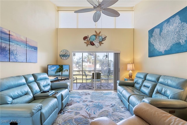 755 Village Cir Unit 203, Venice, FL 34292 - living room with a high ceiling and a ceiling fan