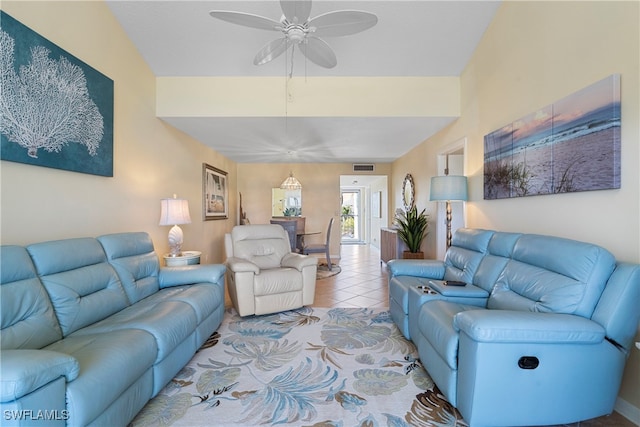 755 Village Cir Unit 203, Venice, FL 34292 - living area featuring tile patterned floors, visible vents, and a ceiling fan