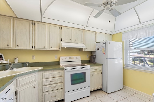 755 Village Cir Unit 203, Venice, FL 34292 - kitchen with under cabinet range hood, light tile patterned flooring, white appliances, a ceiling fan, and a sink