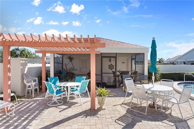 755 Village Cir Unit 203, Venice, FL 34292 - view of patio featuring outdoor dining space, a pergola, and fence