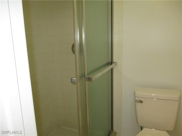 bathroom featuring toilet and a stall shower