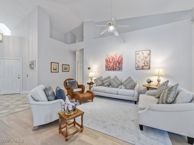 265 Colonade Cir, Naples, FL 34103 - living area featuring high vaulted ceiling, a ceiling fan, and wood finished floors