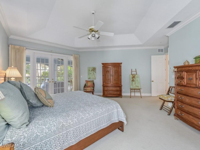 265 Colonade Cir, Naples, FL 34103 - bedroom with carpet, visible vents, access to exterior, french doors, and a raised ceiling