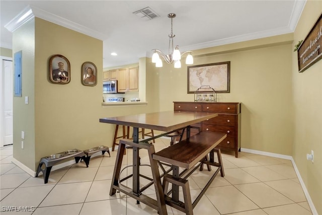 dining area with visible vents, light tile patterned flooring, crown molding, and a chandelier