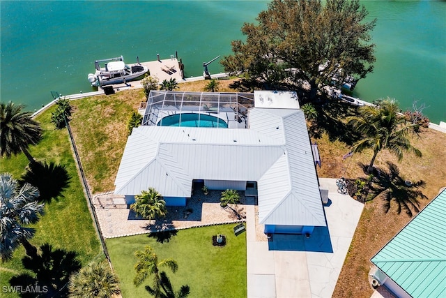 aerial view featuring a water view