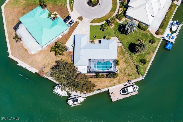 drone / aerial view featuring a water view