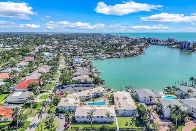 drone / aerial view featuring a water view