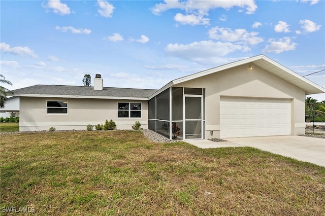 exterior space featuring an attached garage, a front lawn, stucco siding, a chimney, and driveway