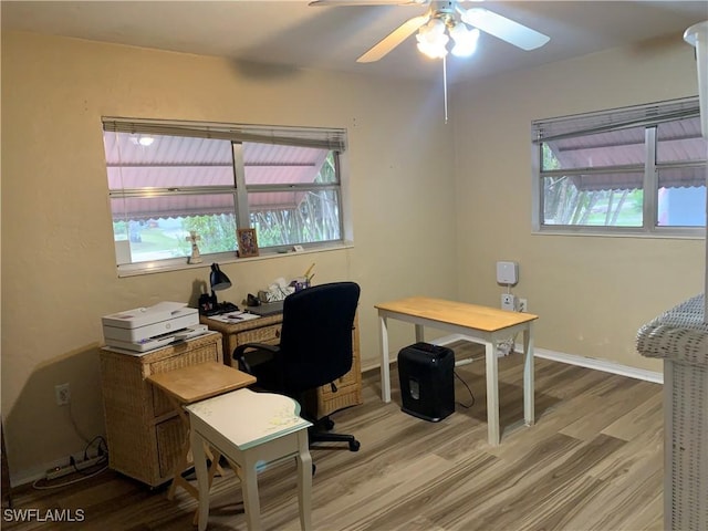 office featuring a ceiling fan, wood finished floors, and baseboards