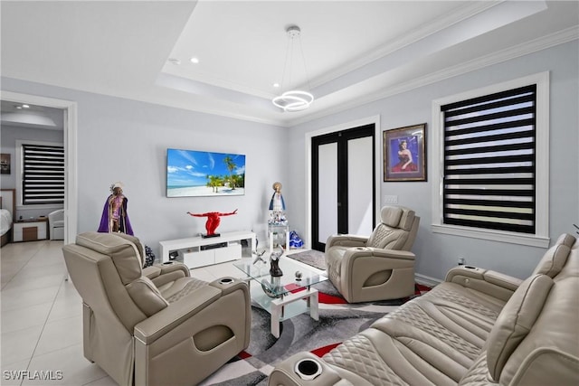 living area with light tile patterned floors, baseboards, a tray ceiling, recessed lighting, and ornamental molding