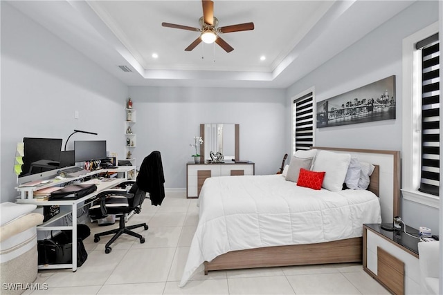 tiled bedroom featuring a tray ceiling, visible vents, a ceiling fan, and recessed lighting