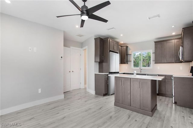 kitchen featuring ceiling fan, dark brown cabinets, a kitchen island, and stainless steel appliances