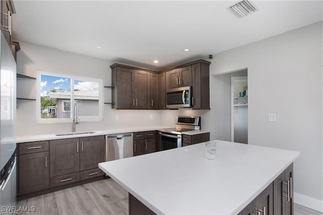 kitchen with visible vents, open shelves, a sink, dark brown cabinets, and appliances with stainless steel finishes