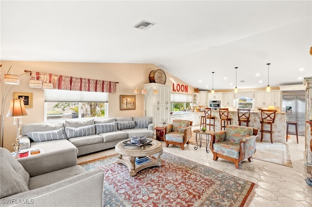 living room with visible vents, recessed lighting, and vaulted ceiling