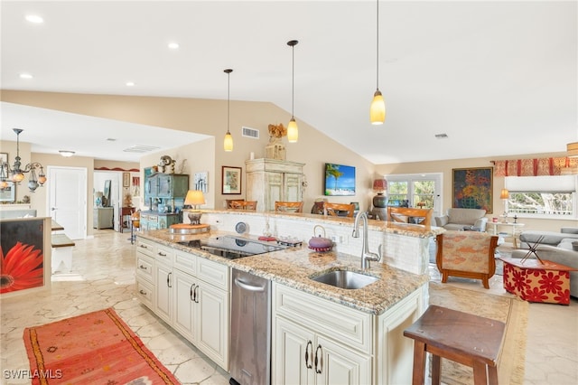 kitchen with black electric cooktop, marble finish floor, lofted ceiling, a sink, and open floor plan