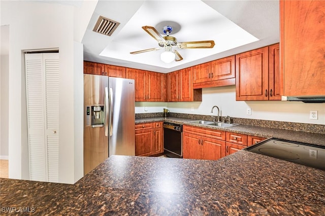 26955 Croise Dr, Bonita Springs, FL 34135 - kitchen featuring visible vents, stainless steel refrigerator with ice dispenser, black dishwasher, a sink, and a tray ceiling