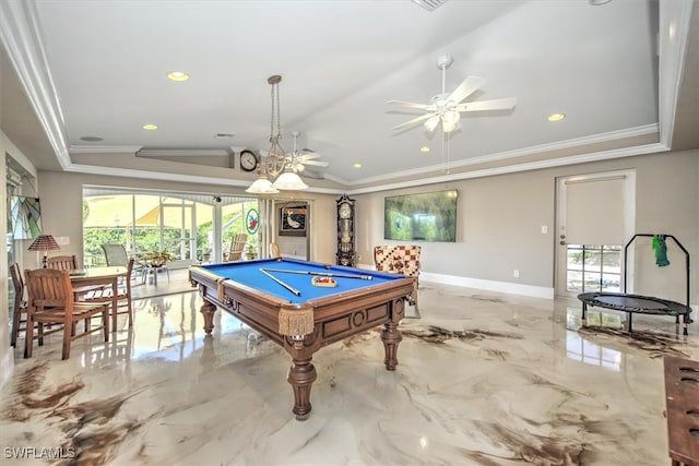2215 Club House Rd, North Fort Myers, FL 33917 - playroom featuring a tray ceiling, marble finish floor, billiards, and crown molding
