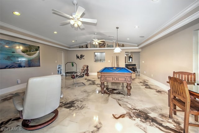 2215 Club House Rd, North Fort Myers, FL 33917 - recreation room with pool table, baseboards, lofted ceiling, ornamental molding, and marble finish floor