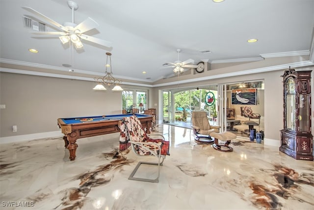 2215 Club House Rd, North Fort Myers, FL 33917 - playroom with visible vents, pool table, lofted ceiling, ornamental molding, and a ceiling fan