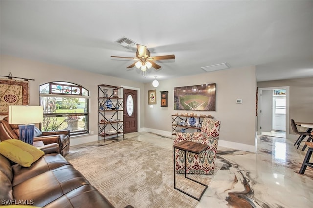 2215 Club House Rd, North Fort Myers, FL 33917 - living room with baseboards, visible vents, marble finish floor, and ceiling fan