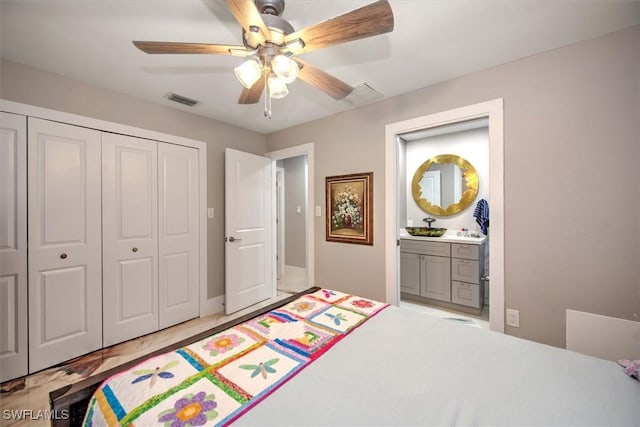 2215 Club House Rd, North Fort Myers, FL 33917 - bedroom with a closet, visible vents, connected bathroom, and ceiling fan