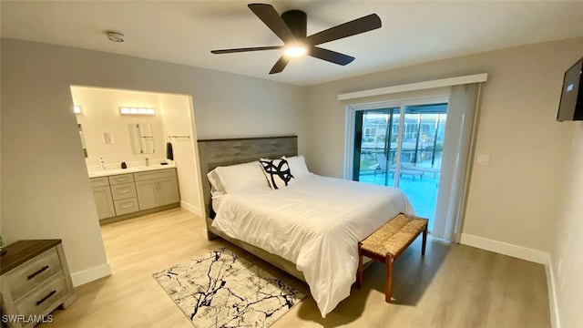 bedroom with connected bathroom, ceiling fan, baseboards, light wood-style floors, and access to outside