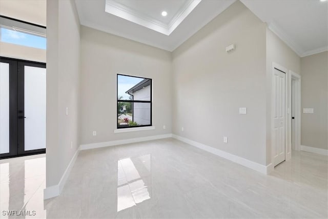 spare room featuring recessed lighting, french doors, baseboards, and crown molding