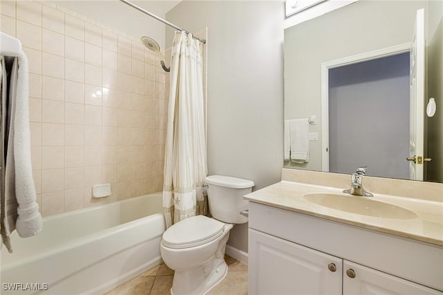 bathroom with tile patterned floors, toilet, vanity, and shower / bathtub combination with curtain