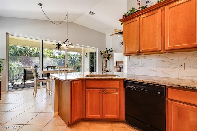 kitchen with black dishwasher, ceiling fan, a sink, lofted ceiling, and backsplash