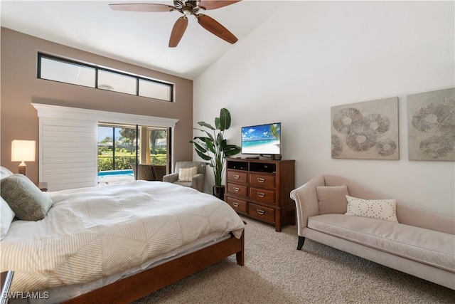 bedroom with light carpet, a ceiling fan, high vaulted ceiling, and access to outside
