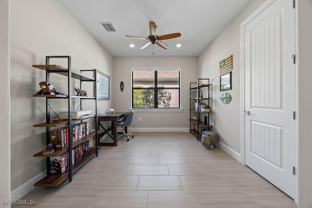 home office featuring recessed lighting, a ceiling fan, visible vents, and baseboards