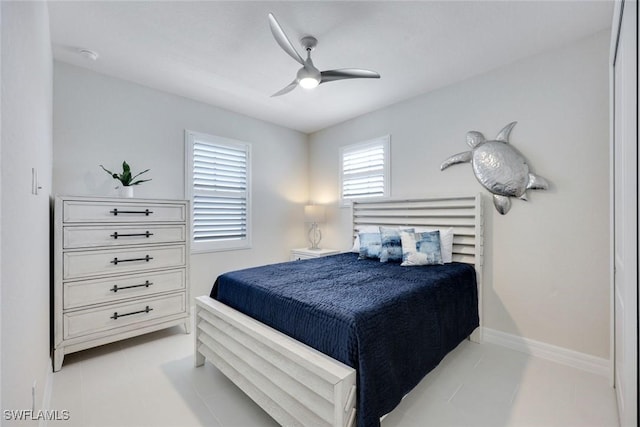 bedroom with ceiling fan and baseboards