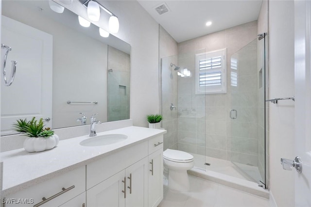 full bath featuring visible vents, a stall shower, toilet, and vanity