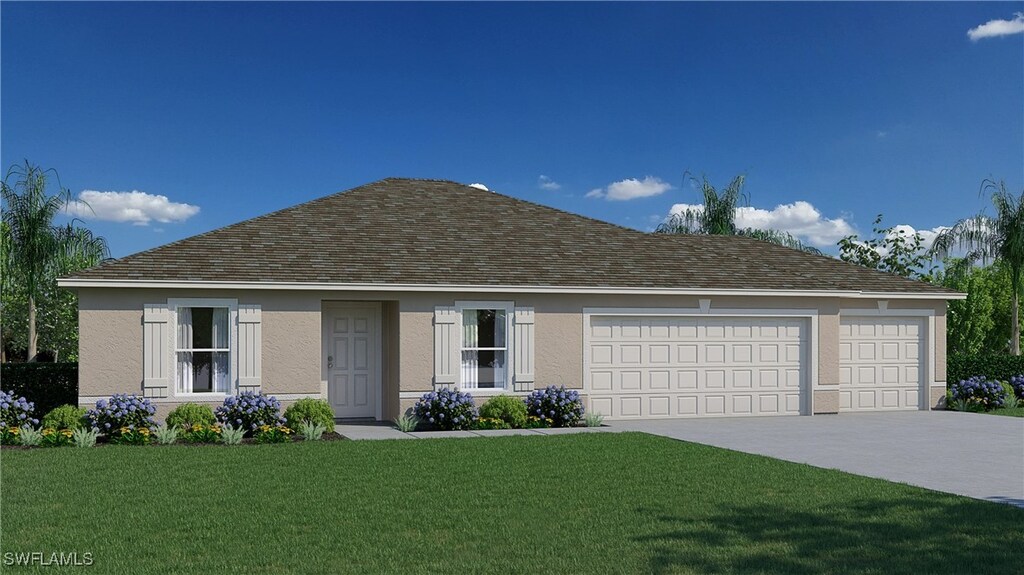 single story home featuring a front yard, an attached garage, driveway, and stucco siding