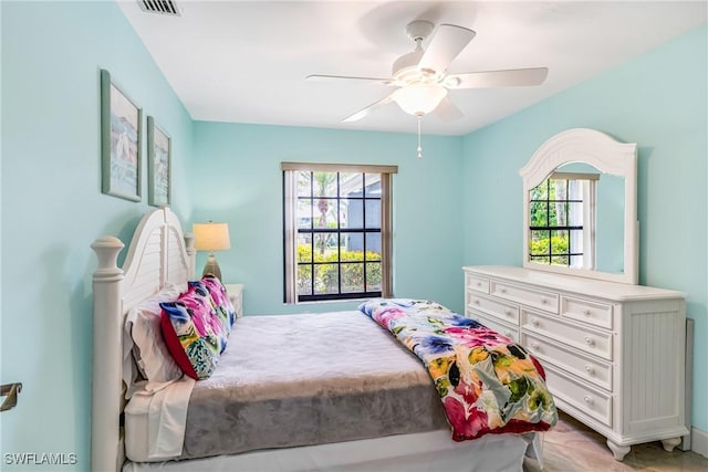 bedroom with visible vents, multiple windows, and a ceiling fan
