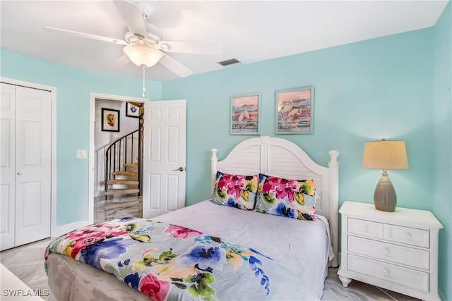bedroom with a ceiling fan, a closet, and visible vents