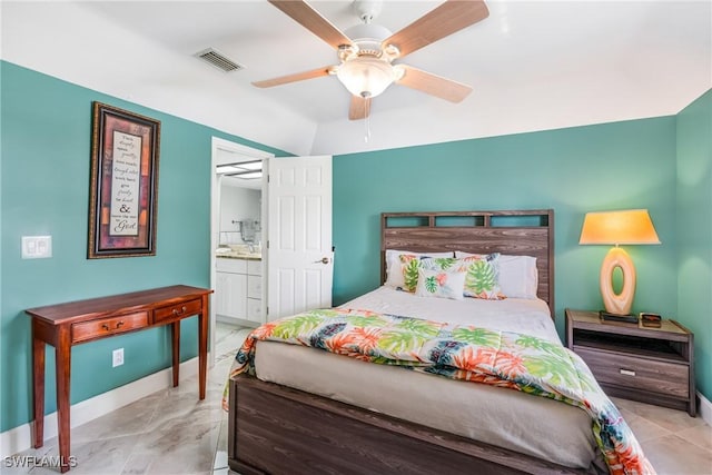 bedroom with connected bathroom, baseboards, visible vents, and ceiling fan