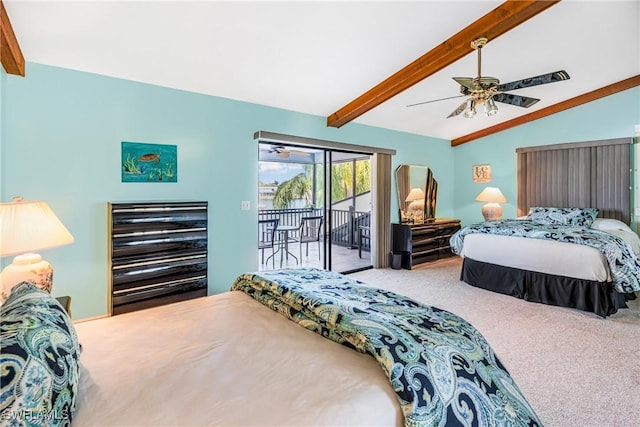 bedroom featuring carpet floors, vaulted ceiling with beams, access to outside, and ceiling fan