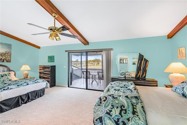 carpeted bedroom with beamed ceiling, ceiling fan, and access to outside