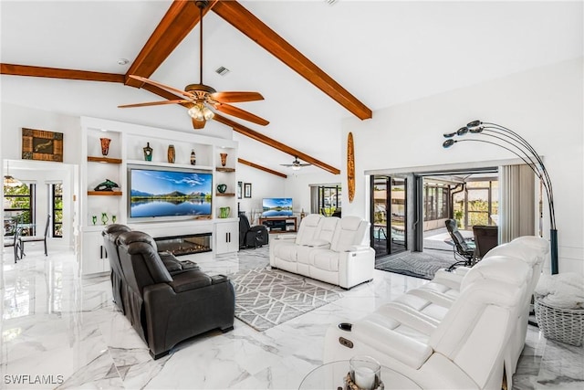 living room featuring marble finish floor, visible vents, a ceiling fan, and beam ceiling