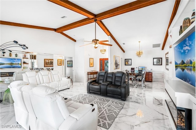 living area featuring high vaulted ceiling, ceiling fan with notable chandelier, marble finish floor, beam ceiling, and visible vents