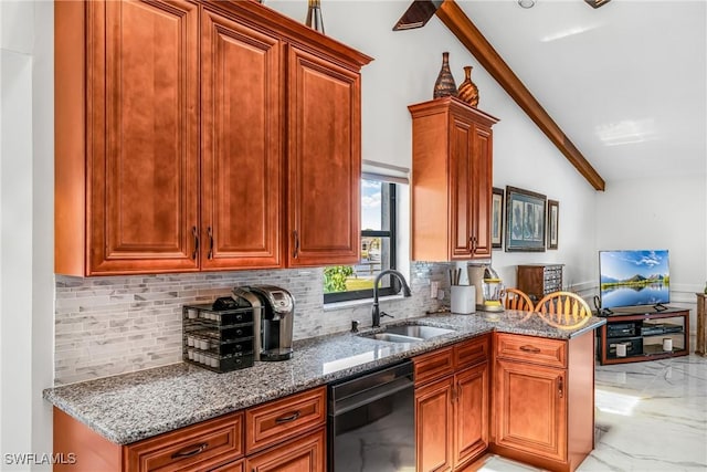 kitchen with marble finish floor, black dishwasher, a sink, and light stone countertops