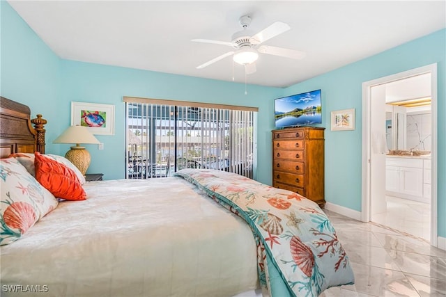 bedroom with ensuite bathroom, baseboards, marble finish floor, ceiling fan, and access to outside